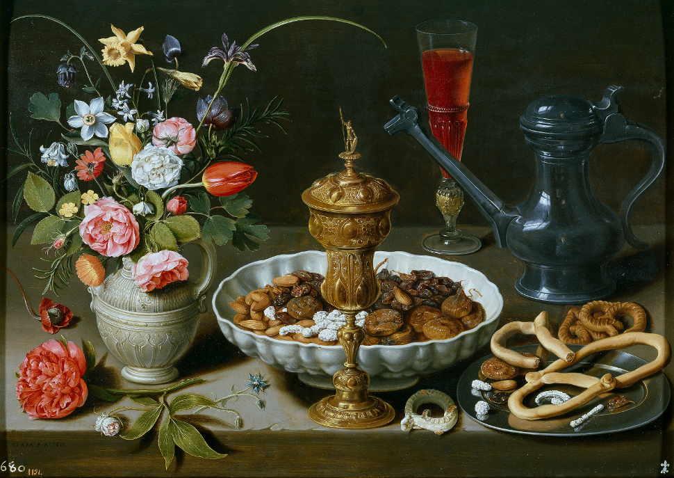 'Bodegón con flores, copa de plata dorada, almendras, frutos secos, dulces, panecillos, vino y jarra de peltre', 1611 'Bodegón con flores, copa de plata dorada, almendras, frutos secos, dulces, panecillos, vino y jarra de peltre', 1611