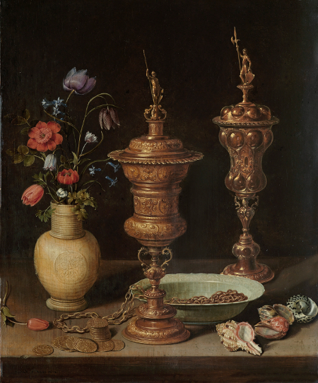 'Bodegón con flores, copas doradas, monedas y conchas', 1612 'Bodegón con flores, copas doradas, monedas y conchas', 1612