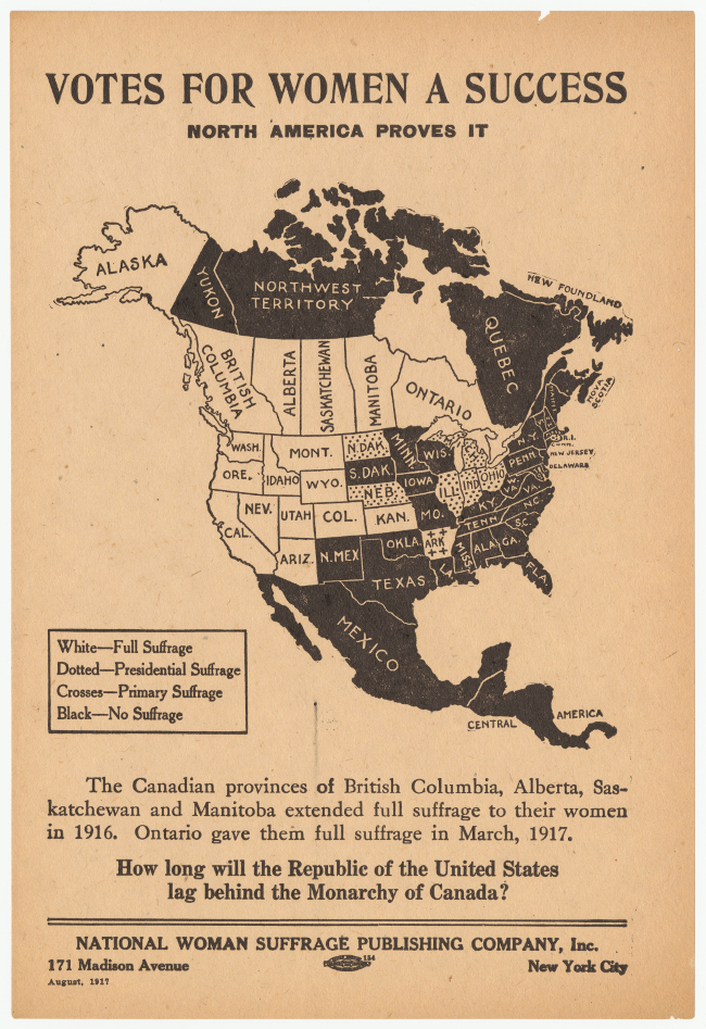 Mapa promocional del movimiento sufragista estadounidense. National Woman Suffrage Publishing Co. / Universidad de Cornell Mapa promocional del movimiento sufragista estadounidense. National Woman Suffrage Publishing Co. / Universidad de Cornell